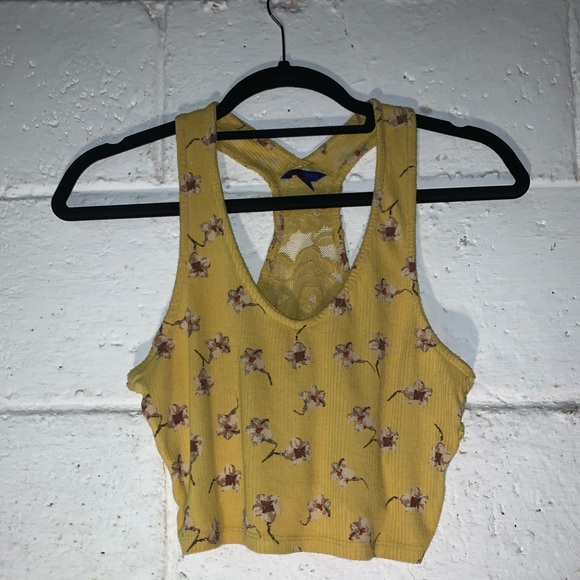 Super Pretty Mustard Yellow Crop Top With Flowers! - Picture 1 of 2